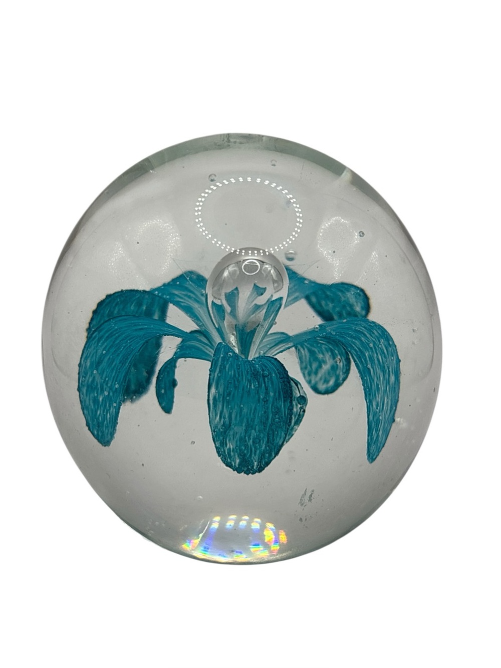 Blue Flower Glass Art Paperweight Round Sphere Figurine Teal Blue Petals Glass